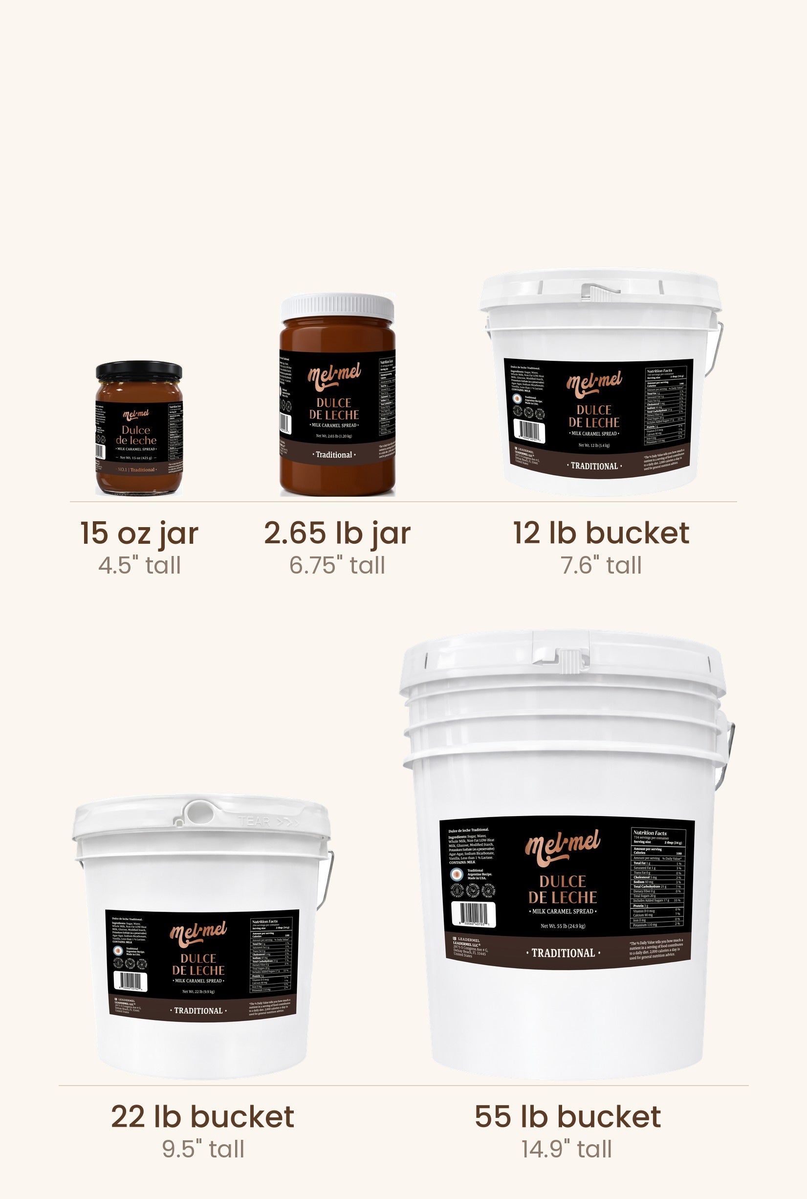Mel·Mel Traditional in all five formats, shown at actual height: 15 oz jar, 2.65 lb jar, and 12, 22 and 55 lb buckets