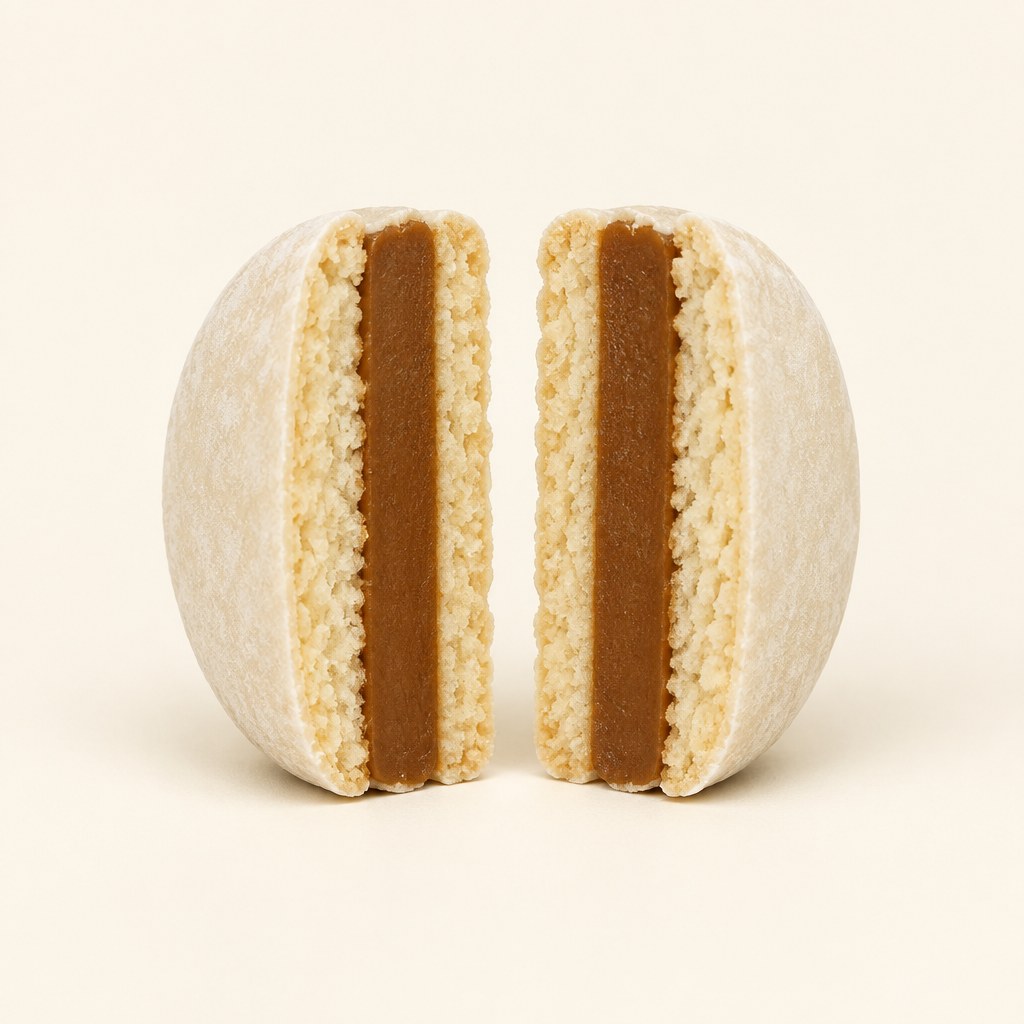 Alfajor cut open, showing a clean straight layer of Extra Firm dulce de leche