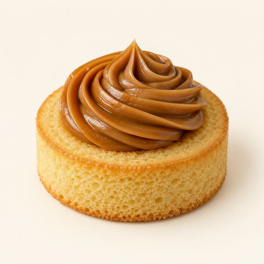 Piped rosette of Multipurpose dulce de leche on a sponge cake
