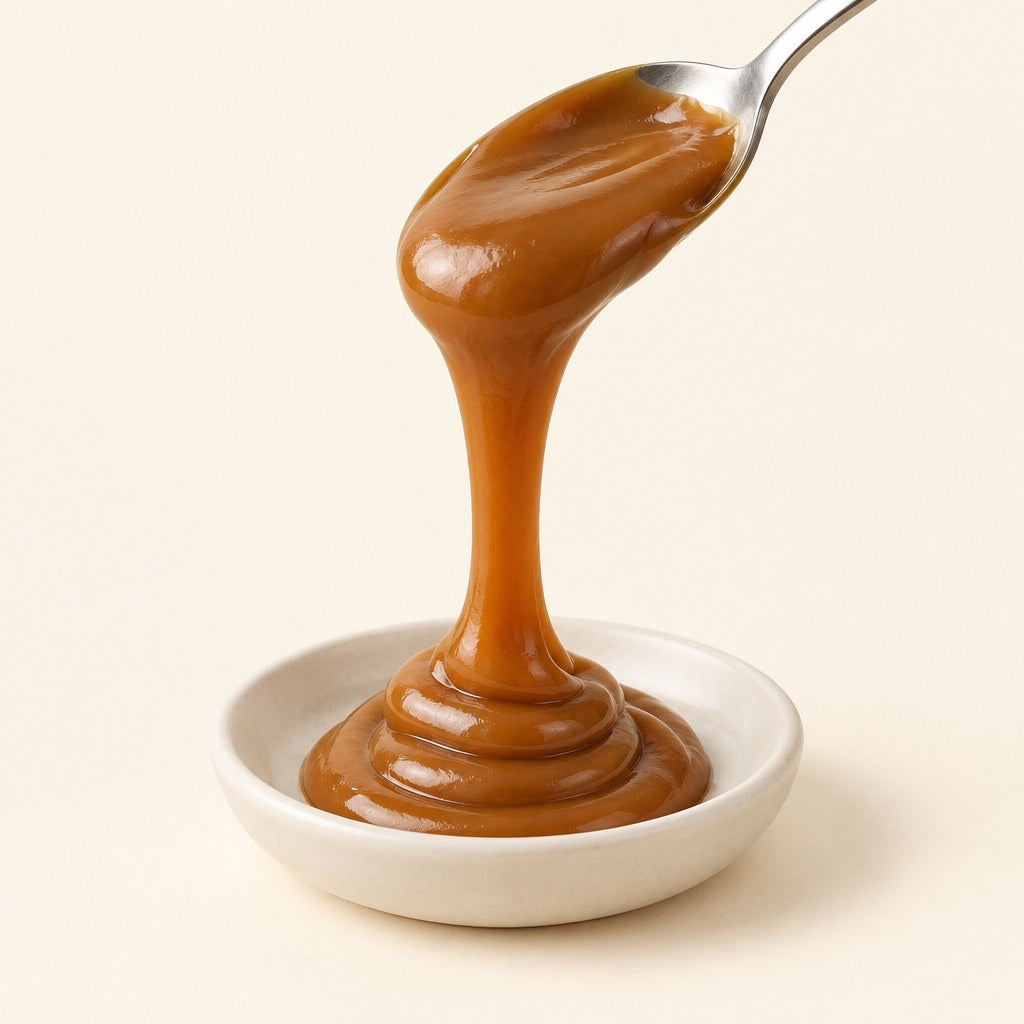 Traditional dulce de leche pouring in a thread from a spoon