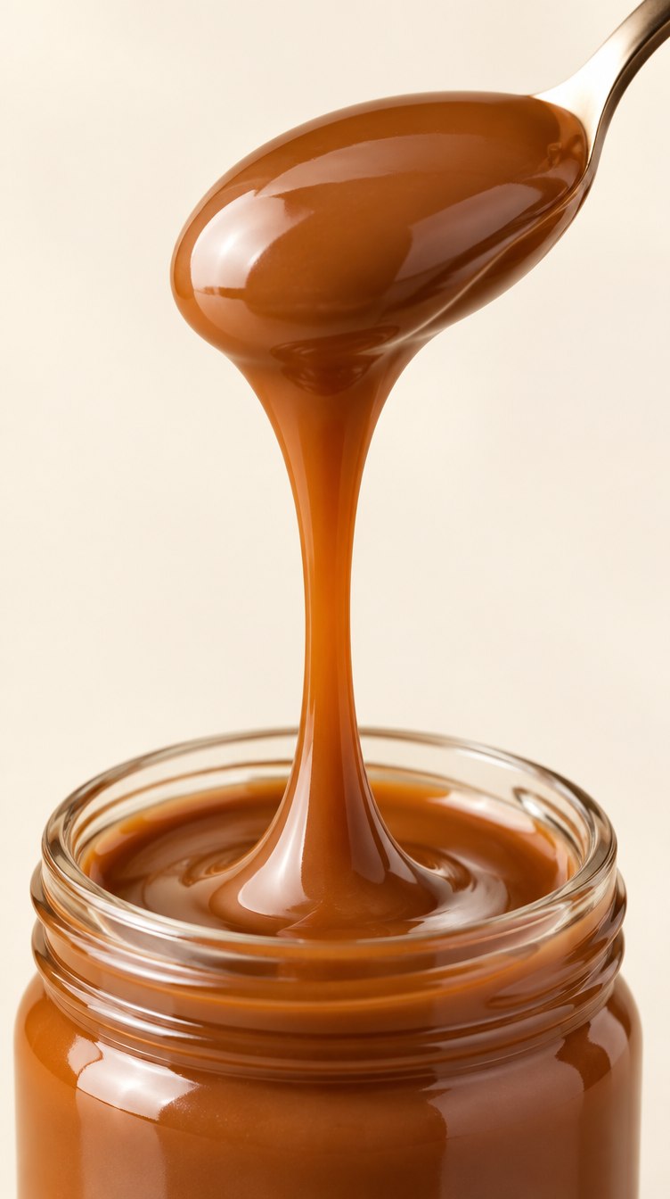 Dulce de leche pouring in a thread from a spoon