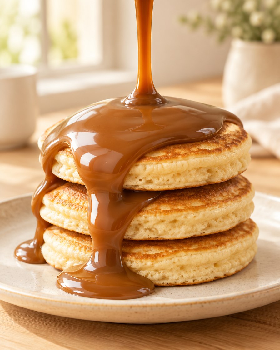 A stack of pancakes with dulce de leche pouring over them