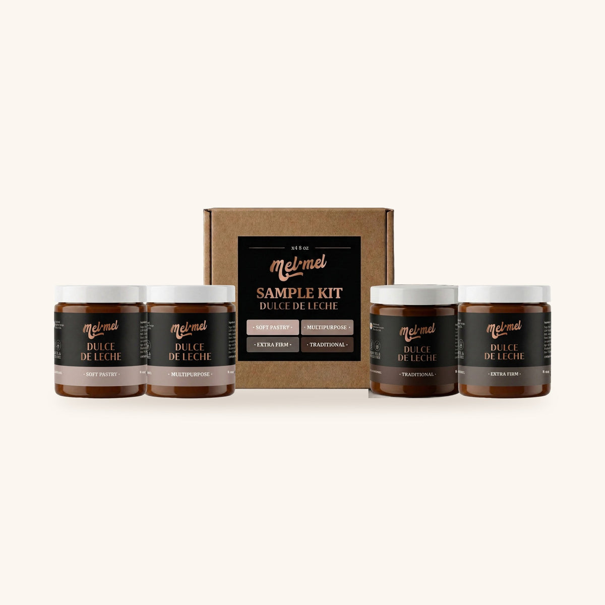 Mel·Mel dulce de leche Sample Kit: four 8 oz jars (Soft Pastry, Multipurpose, Traditional, Extra Firm) and the kit box