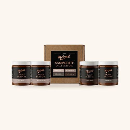 Mel·Mel dulce de leche Sample Kit: four 8 oz jars (Soft Pastry, Multipurpose, Traditional, Extra Firm) and the kit box