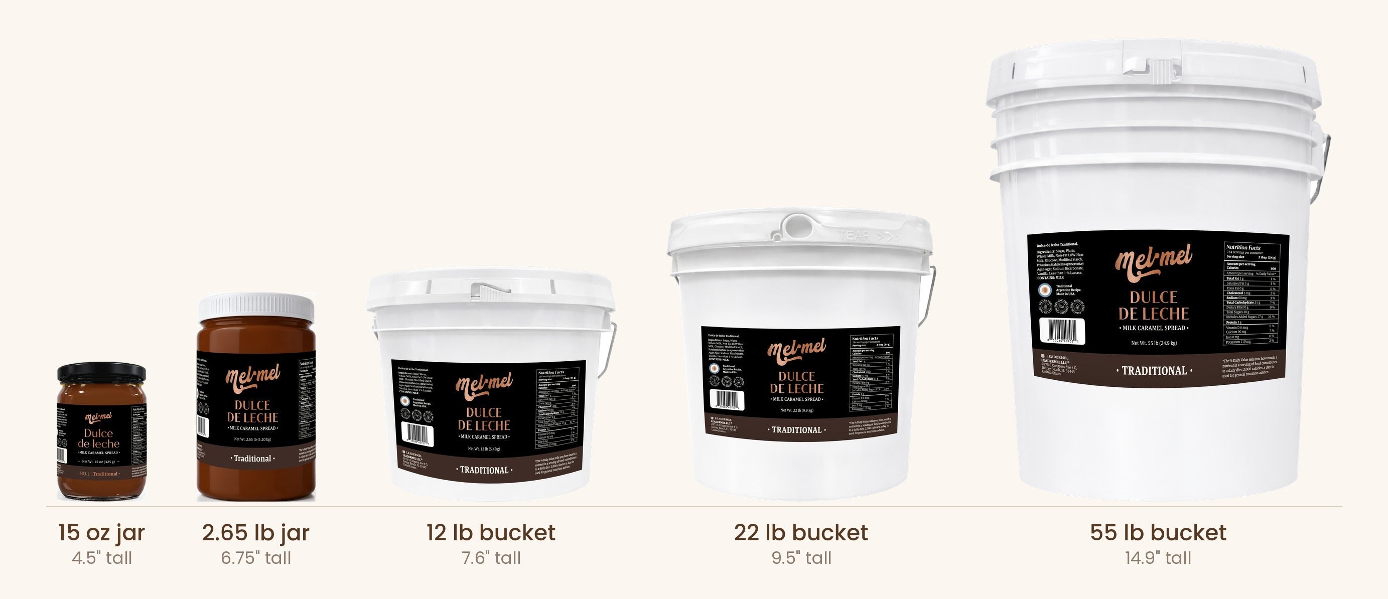 Mel·Mel Traditional in all five formats, shown at actual height: 15 oz jar, 2.65 lb jar, and 12, 22 and 55 lb buckets